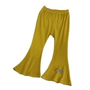 Huvoen Toddler Baby Girl Kids Ribbed Bell Bottoms Flare Pants Solid Color Elastic Waist Wide Leggings Trousers Gold 3 Years